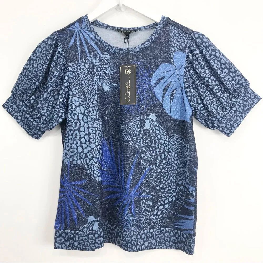 DG2 Diane Gilman Blue Leopard Tropical Print Sparkle Knit Puff Short Sleeve Top